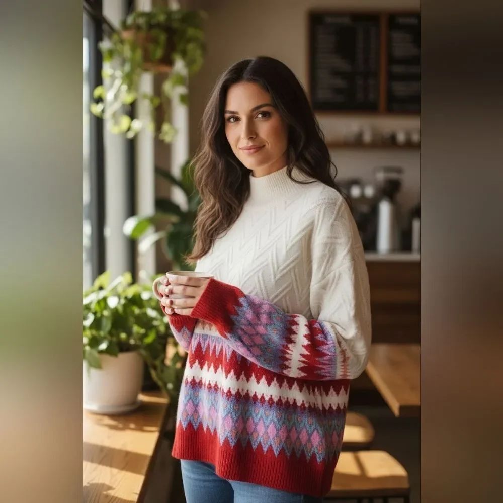 St. John's Bay Colorful Knit Sweater Mock Neck Long Sleeve Size XL
